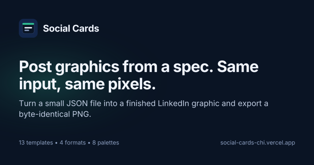 Social Cards — Post graphics from a spec. Same input, same pixels.